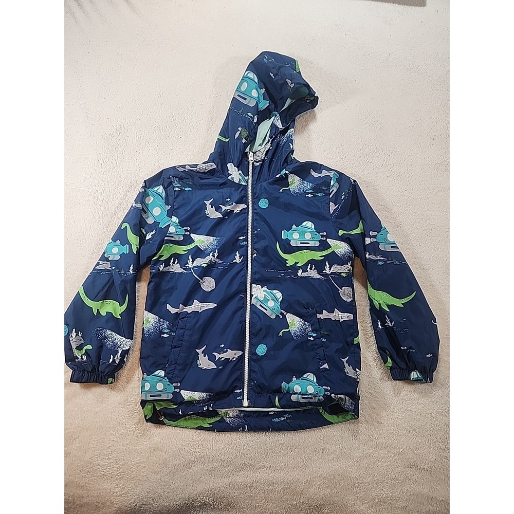 Top & Sky Kids Blue Hooded Lined Zip-Up Rain‎ Coat, Size Large. Submarine Shark